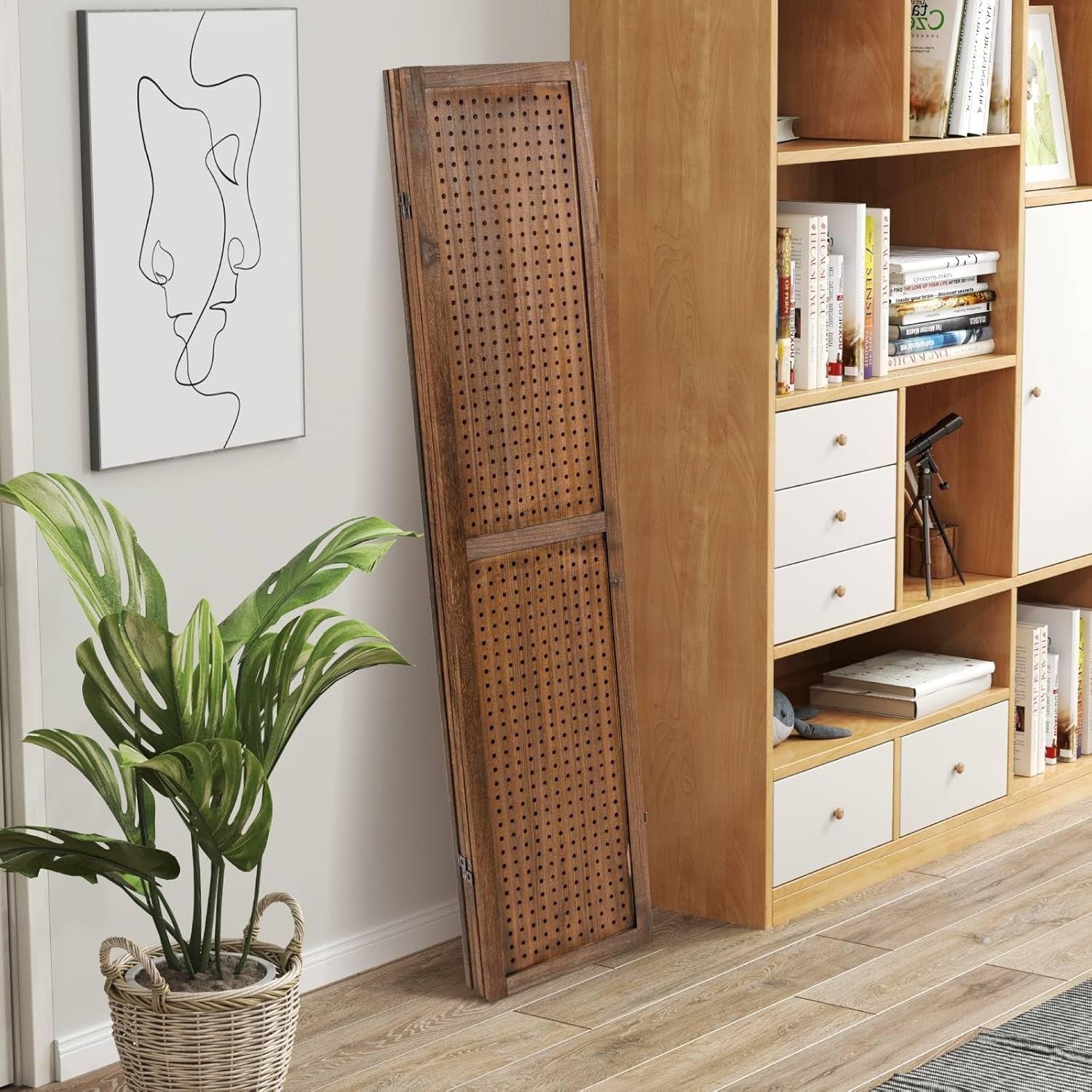 4 Panel Wooden Room Divider Folding Privacy Screen Pegboard Partition 160x170cm