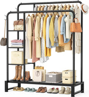 Double Clothes Rail 80KG Rack With Shelves & Hooks Black