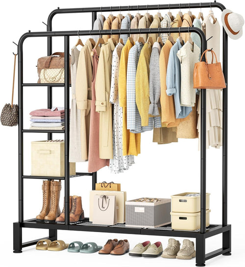 Double Clothes Rail 80KG Rack With Shelves & Hooks Black