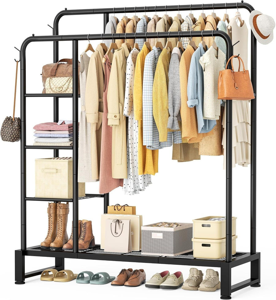 Double Clothes Rail 80KG Rack With Shelves & Hooks Black