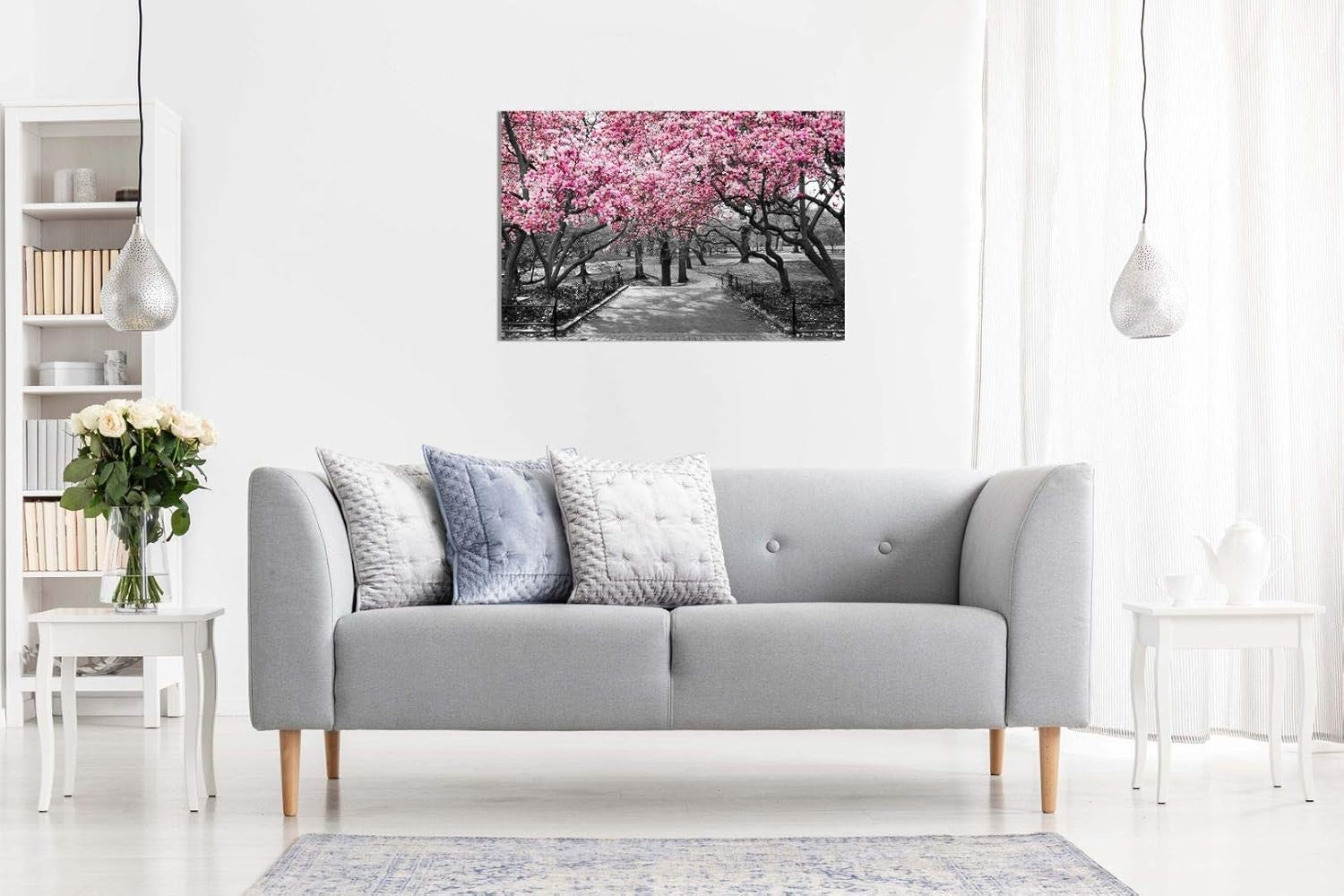 Large Canvas Wall Art Pink Blossom Tree Path Black White Living Room Decor