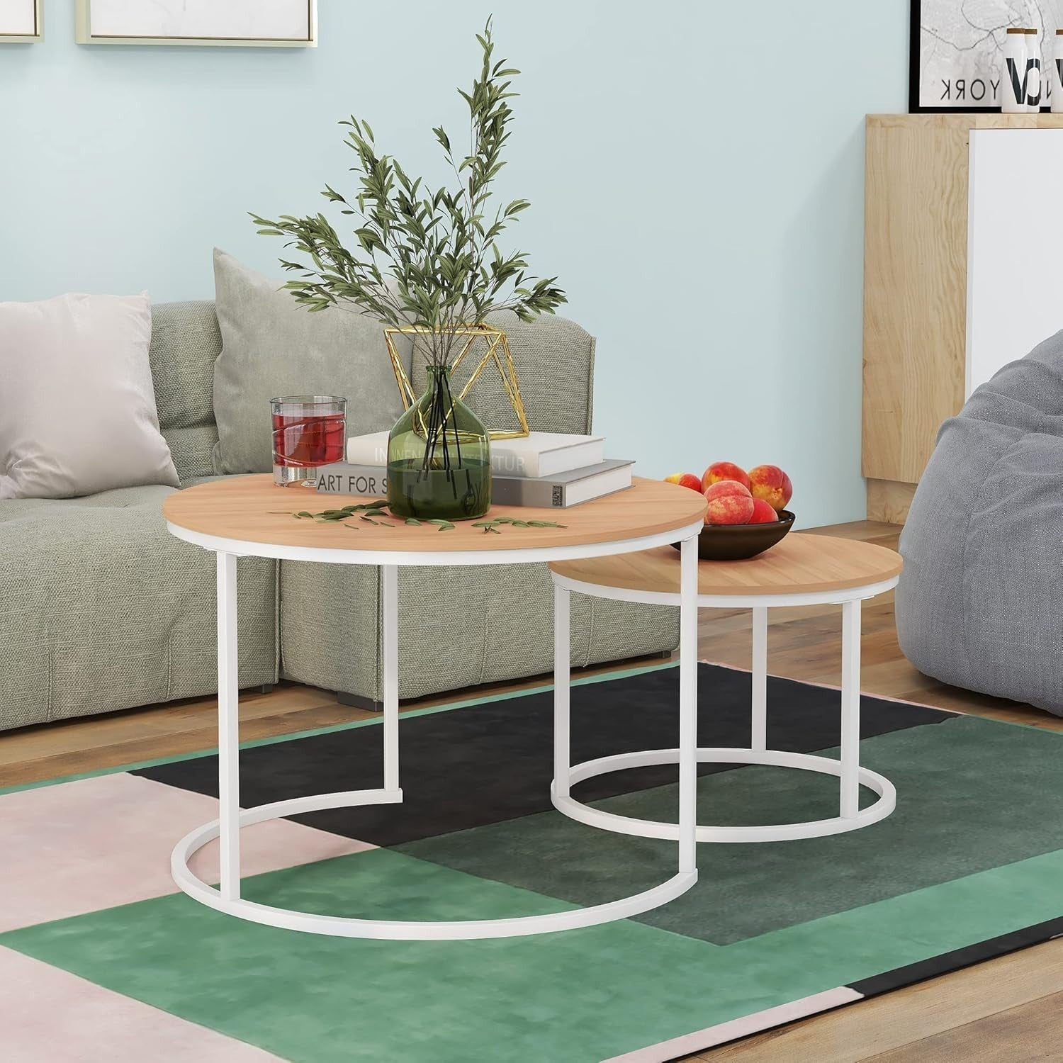 Round Nesting Coffee Table Set of 2, Sturdy Metal Frame & Wood Look Tops, Space