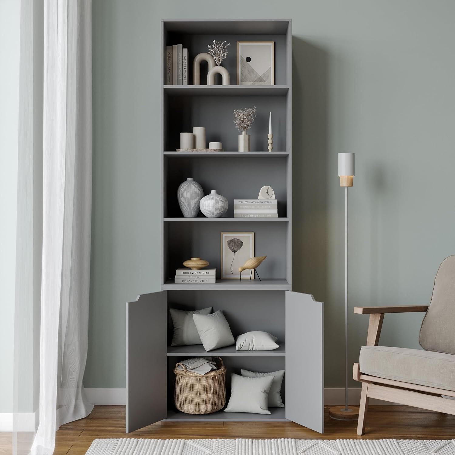Grey 6 Tier Bookcase with Cupboard Modern Storage Shelf 29D x 58.5W x 180H