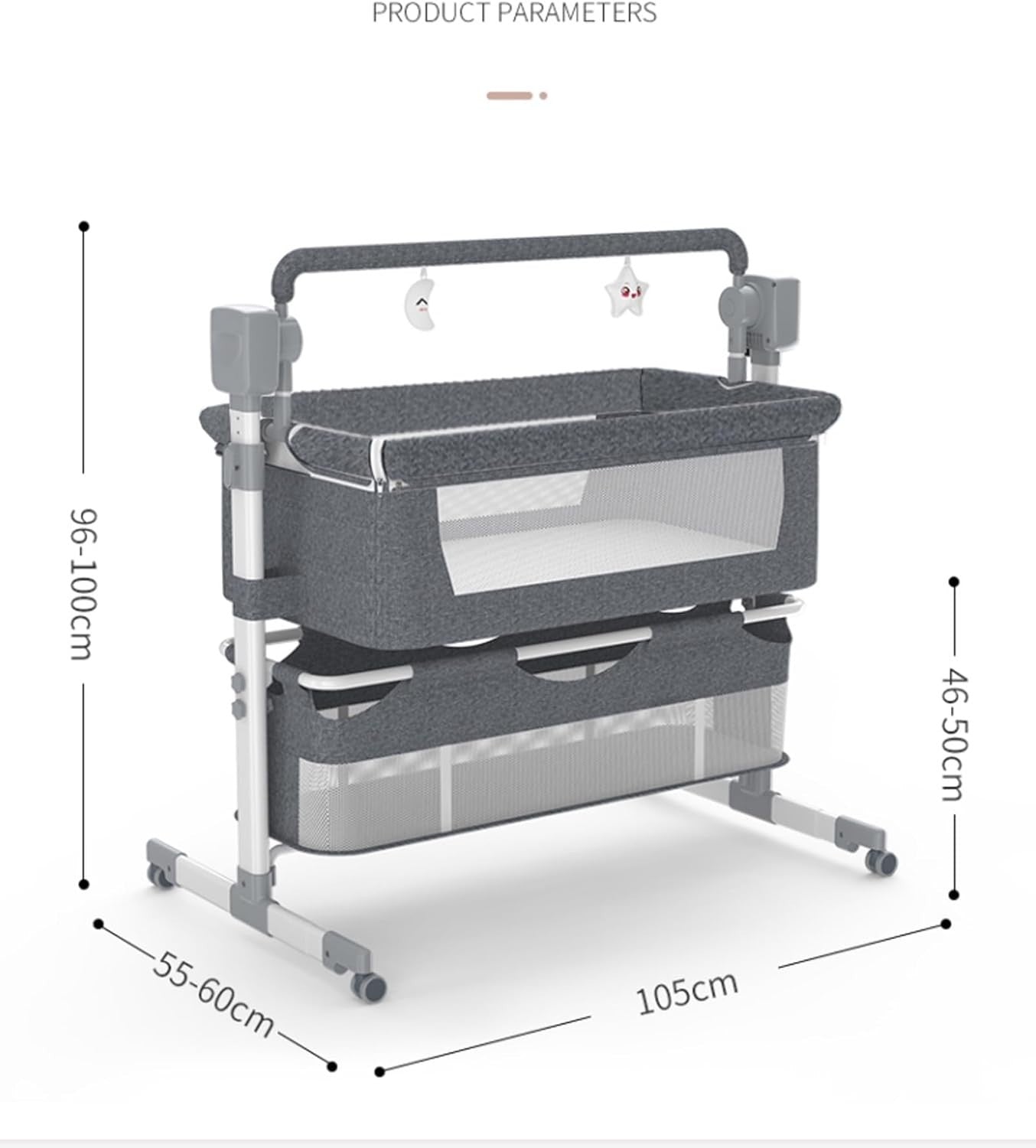 Smart Baby Bedside Crib with Music, Remote, Adjustable Height & Swing Light Grey