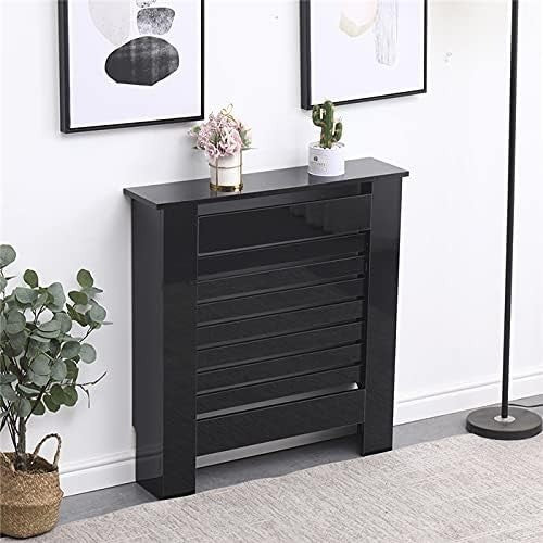 High Gloss Black Radiator Cover Cabinet 78x19x82cm Modern Slat Design