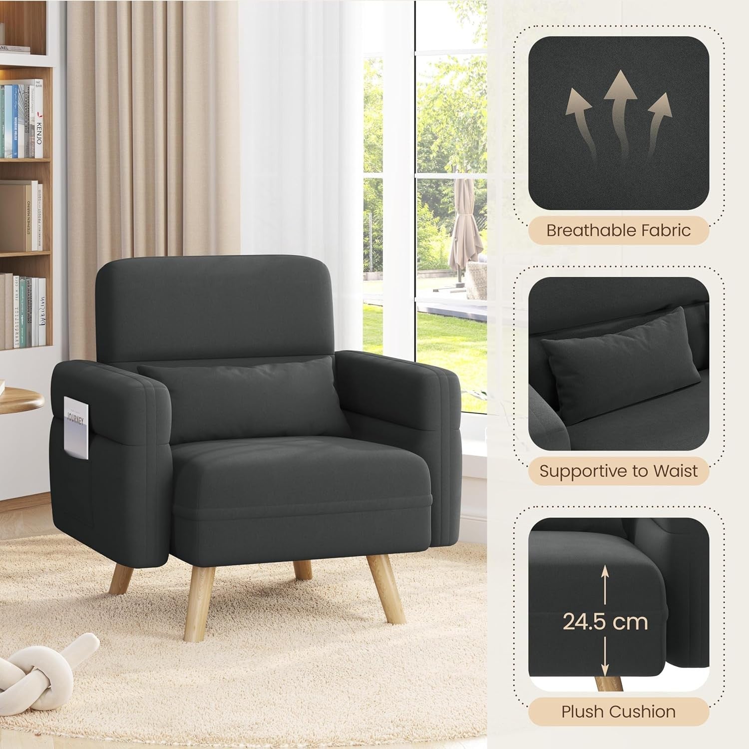 Modern Fabric Tub Armchair with Lumbar Pillow Side Pockets Grey
