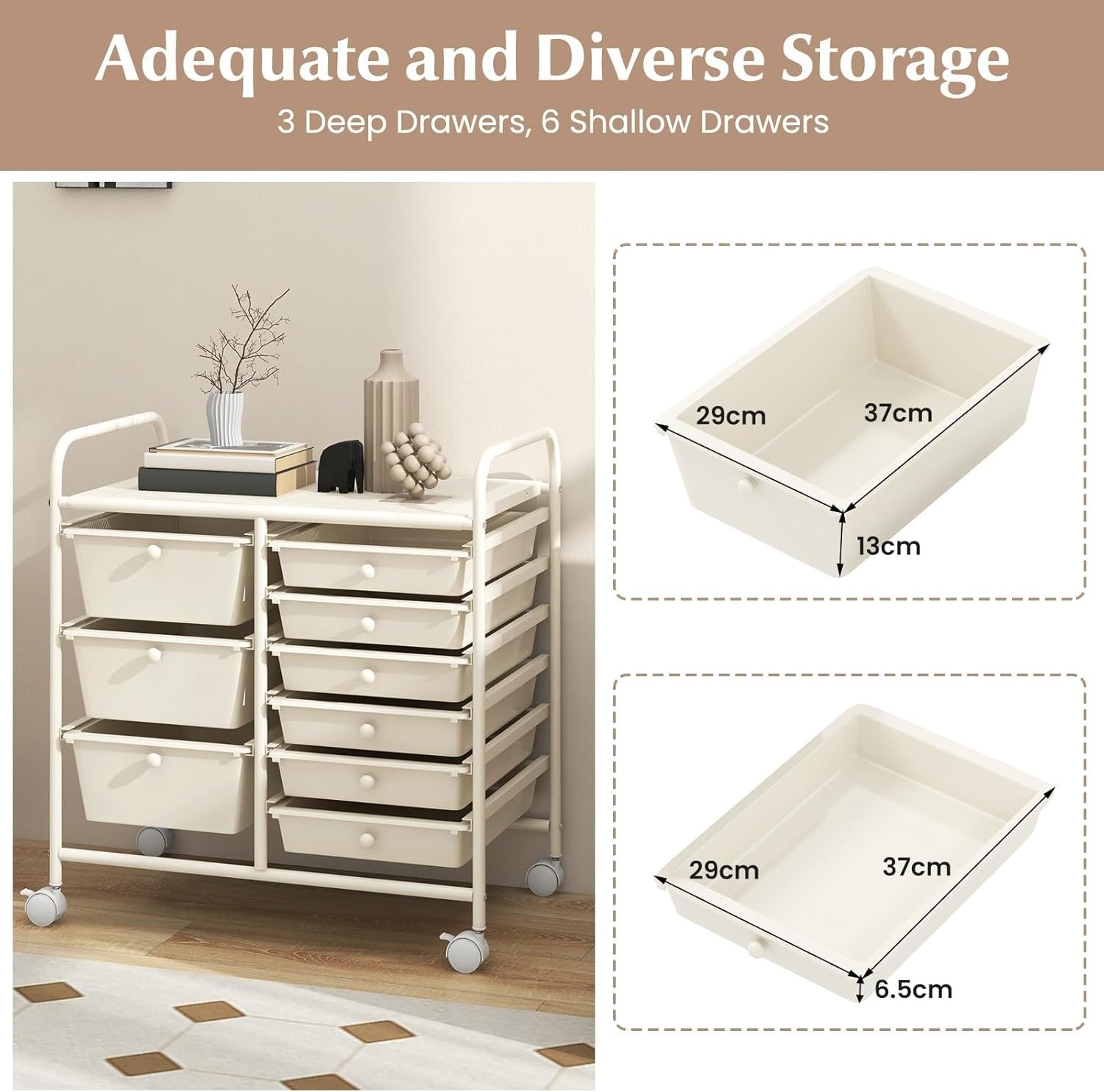 9 Drawer Rolling Storage Cart White Utility Organizer Trolley Wheels