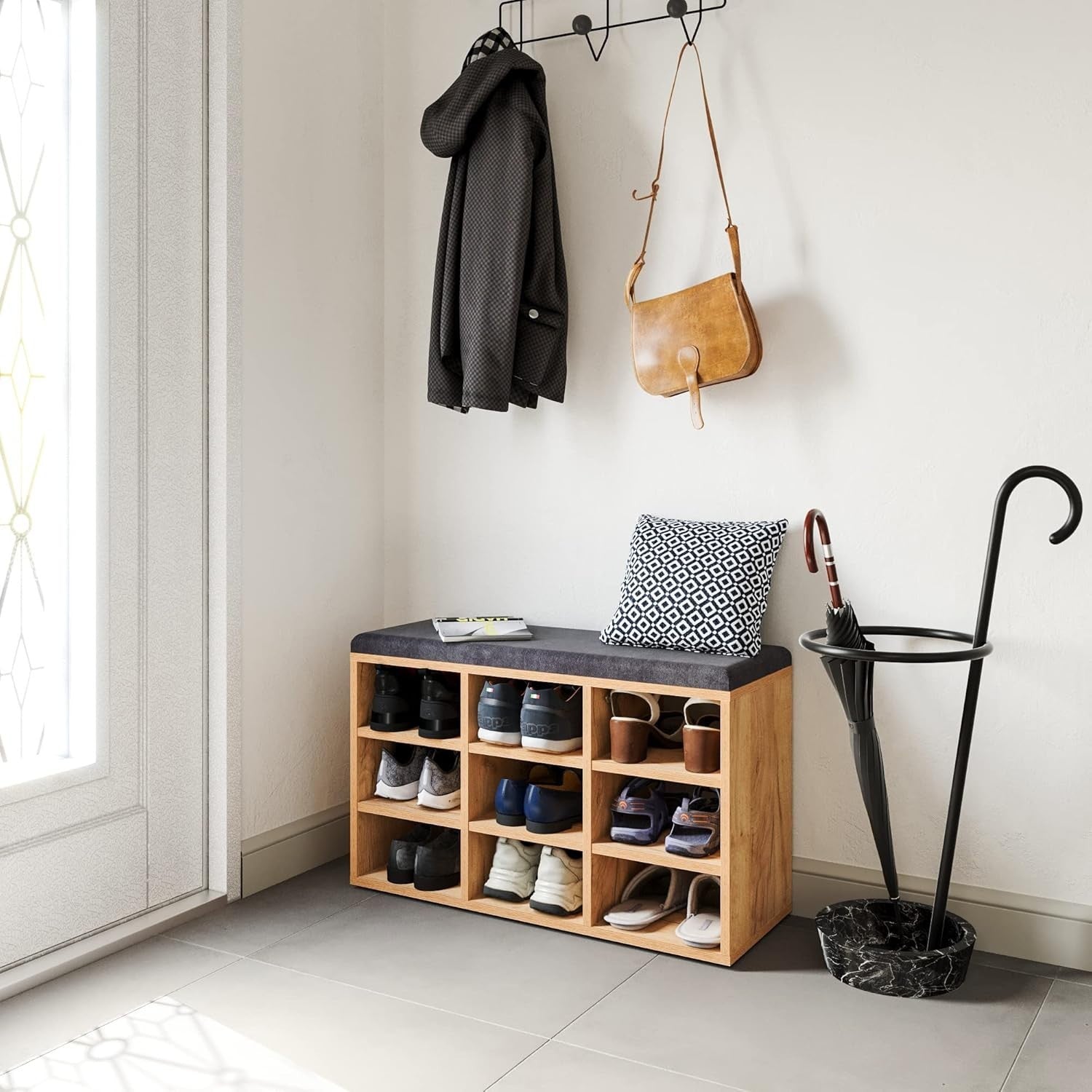 Honey Oak Grey Shoe Storage Bench with Cushion – Hallway Seat 80x30x50cm
