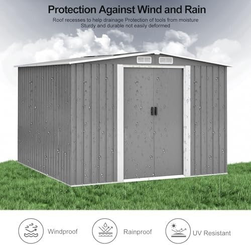 8x6FT Metal Garden Shed Lockable Tool Storage House Green/Grey