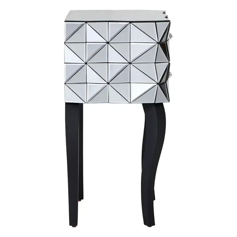 Modern 3D Glass Bedside Table with 2 Drawers – Silver Mirrored Unit