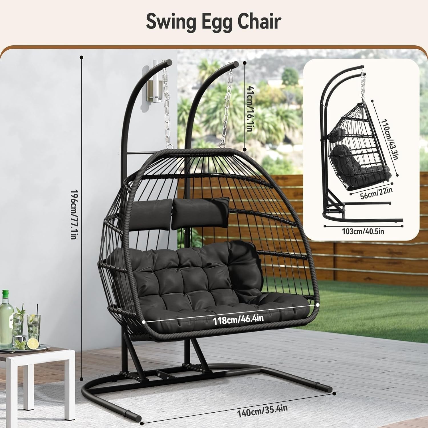 Double Egg Swing Chair with Stand Cushioned Rattan Hanging Seat Garden Patio