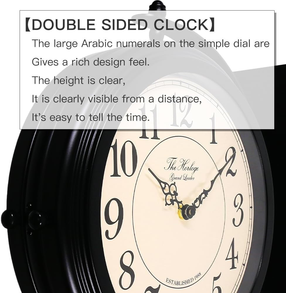 16” Double Sided Wall Clock Black Iron Retro Station Outdoor Indoor Decor