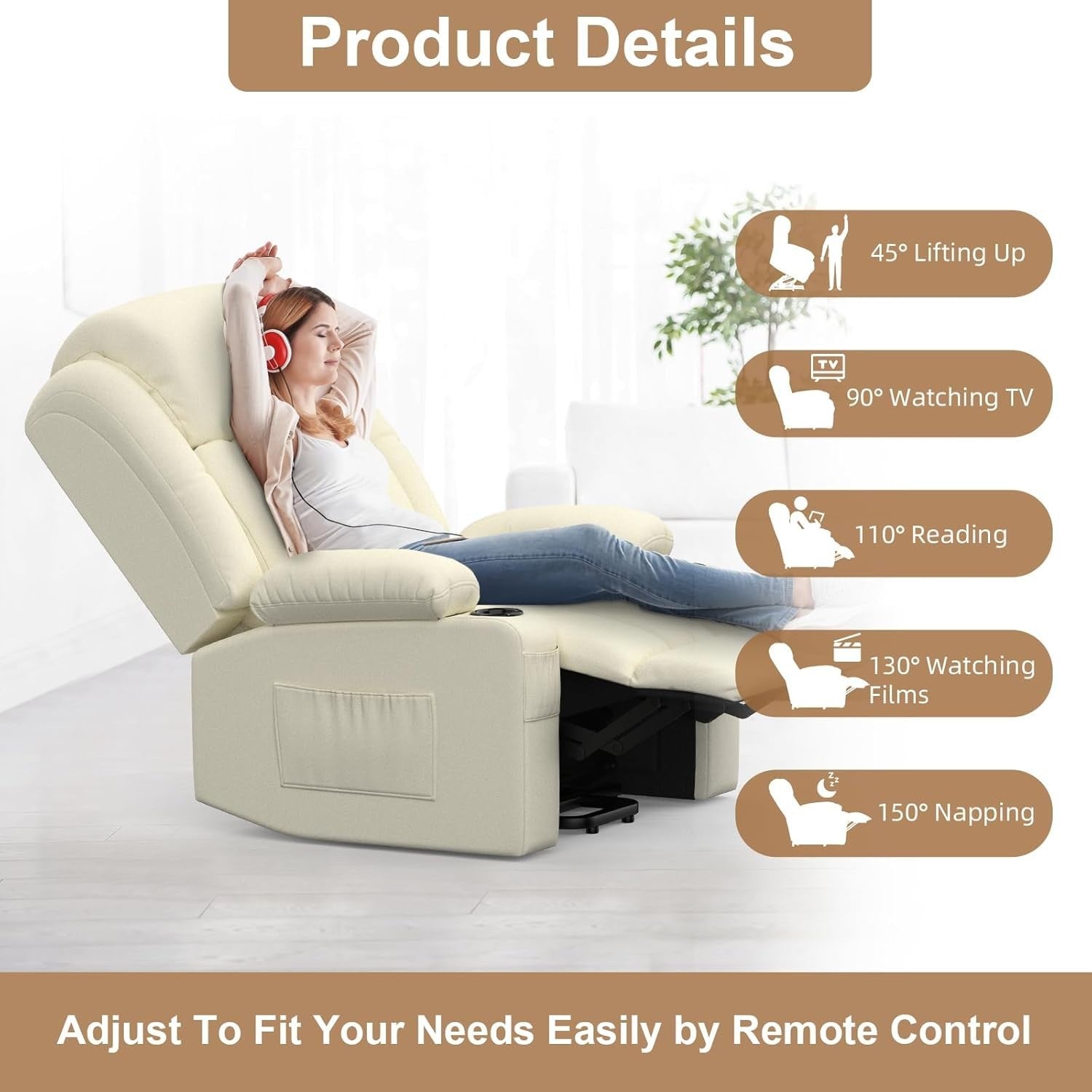 Power Lift Recliner Chair Massage Heat USB Ports Cup Holders Faux Leather Beige
