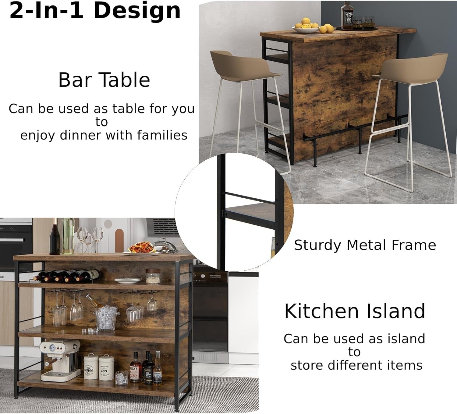 Industrial Kitchen Island Bar Table with Wine Rack Rustic Brown 120x60cm