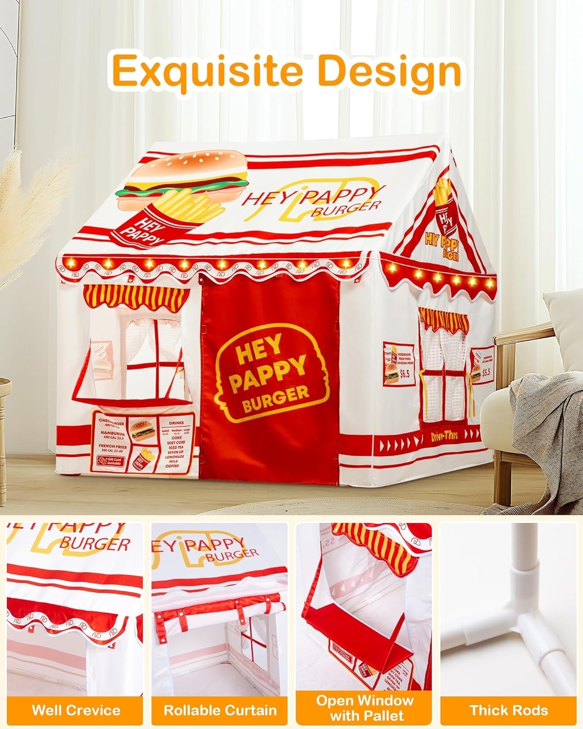 Burger Shop Kids Play Tent Indoor Outdoor w Lights Toys Windows