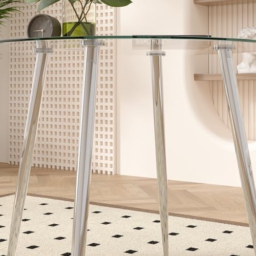 90cm Round Glass Dining Table with 4 Faux Leather Chairs Chrome Legs