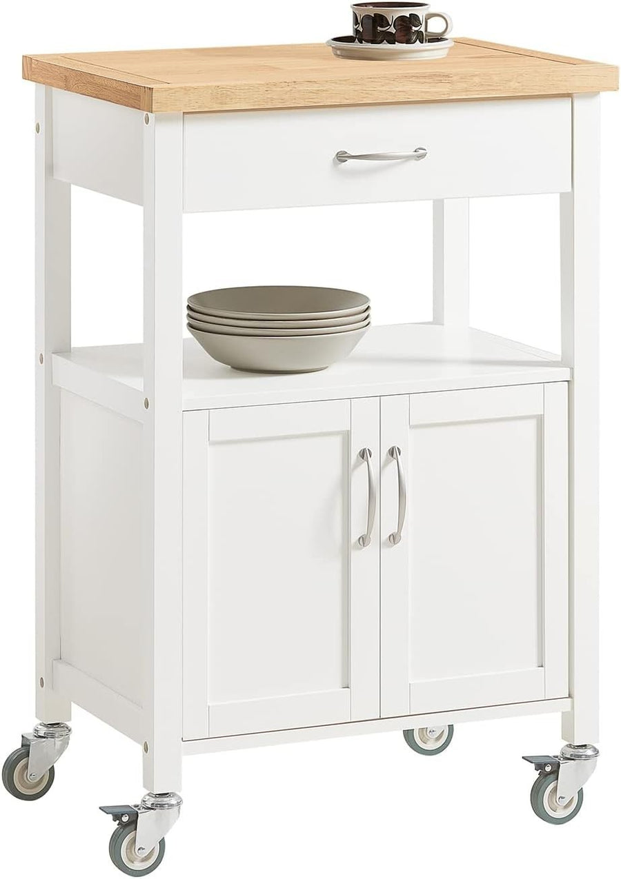 Kitchen Trolley Cart with Rubber Wood Top Storage Cabinet