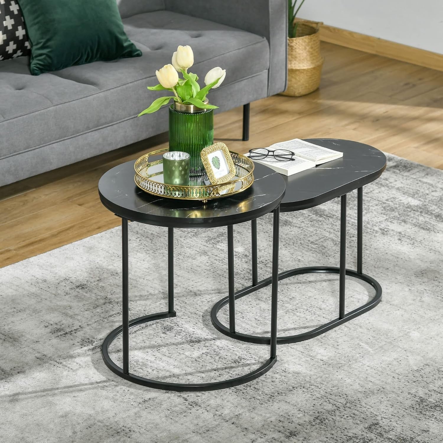 Nesting Coffee Table Set of 2 Black Faux Marble End Tables Round Oval