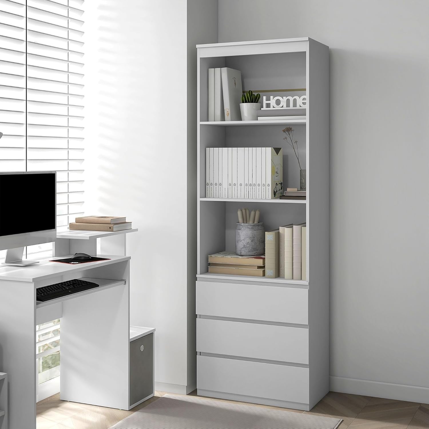 Tall White 180cm Bookcase with Drawers Modern Slim Storage Shelf Display Unit