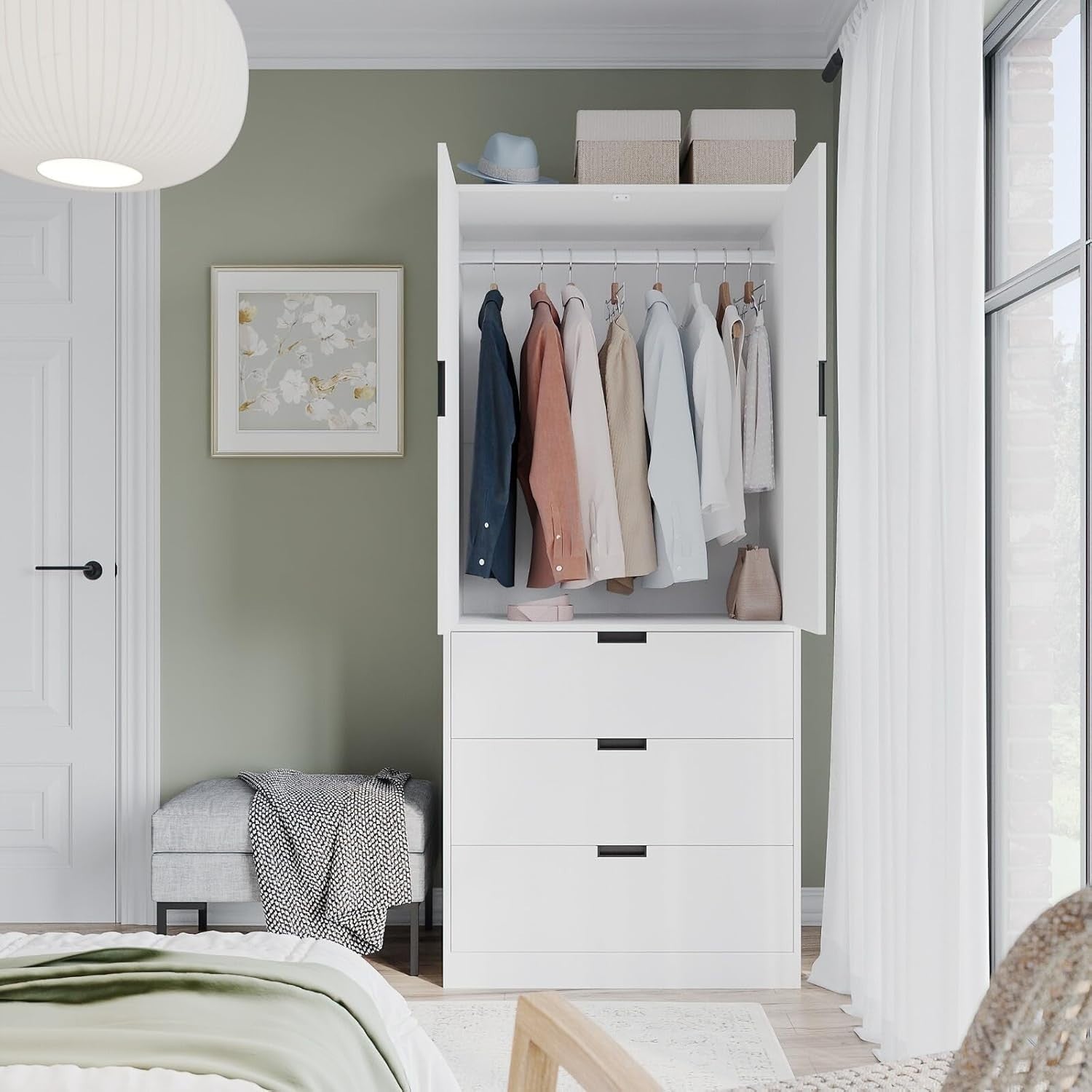 White 2 Door Wardrobe with Drawers | Tall Bedroom Storage Cabinet Unit