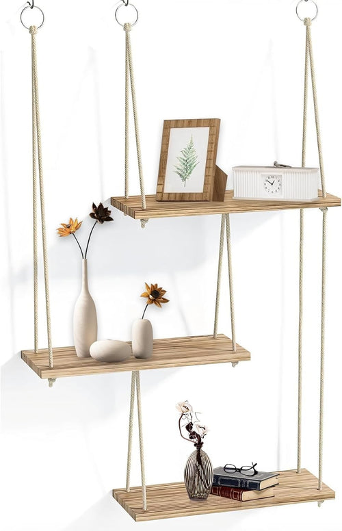 3-Tier Boho Wood Hanging Wall Shelf Floating Storage Rack
