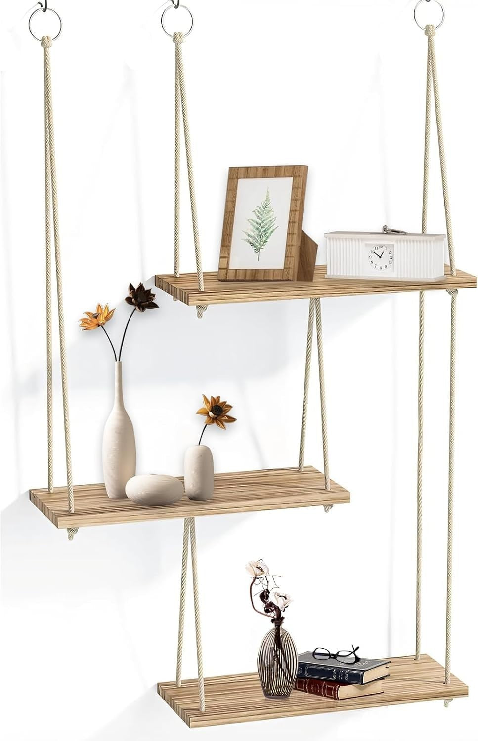 3-Tier Boho Wood Hanging Wall Shelf Floating Storage Rack