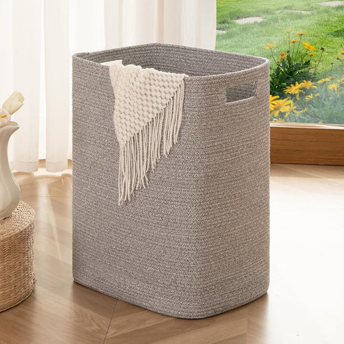 Large Woven Laundry Basket with Handles 16x13x22in Grey Cotton Storage Hamper