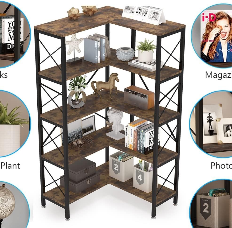 Tall 5-Tier Corner Bookshelf | Rustic Wood & Metal Industrial Display Storage Un