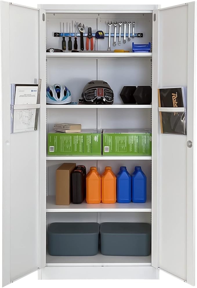 Tall White Metal Storage Cabinet with Lockable Doors & 4 Adjustable Shelves
