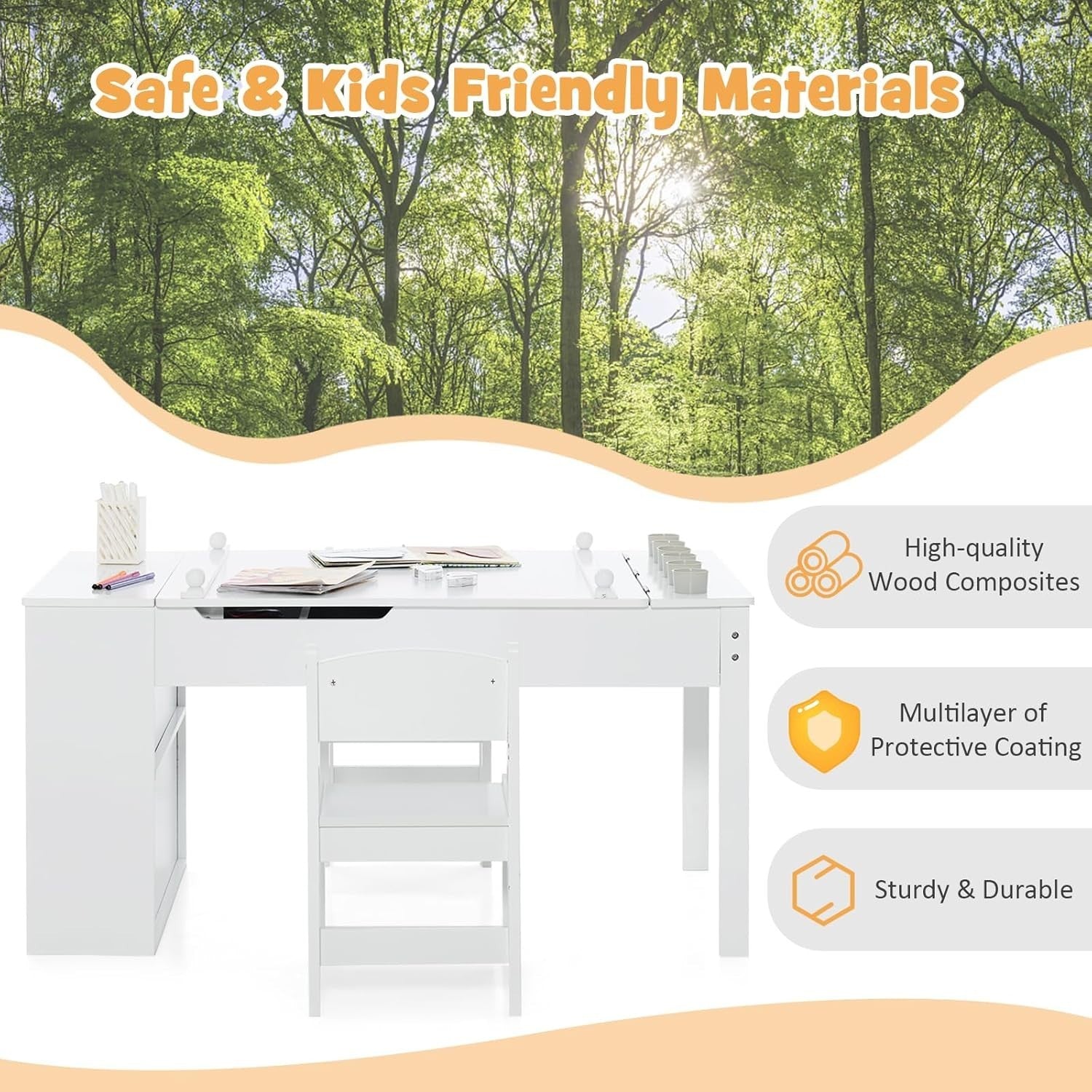 Kids Art Table and Chair Set with Storage Bins & Easel Desk White 6 Cups