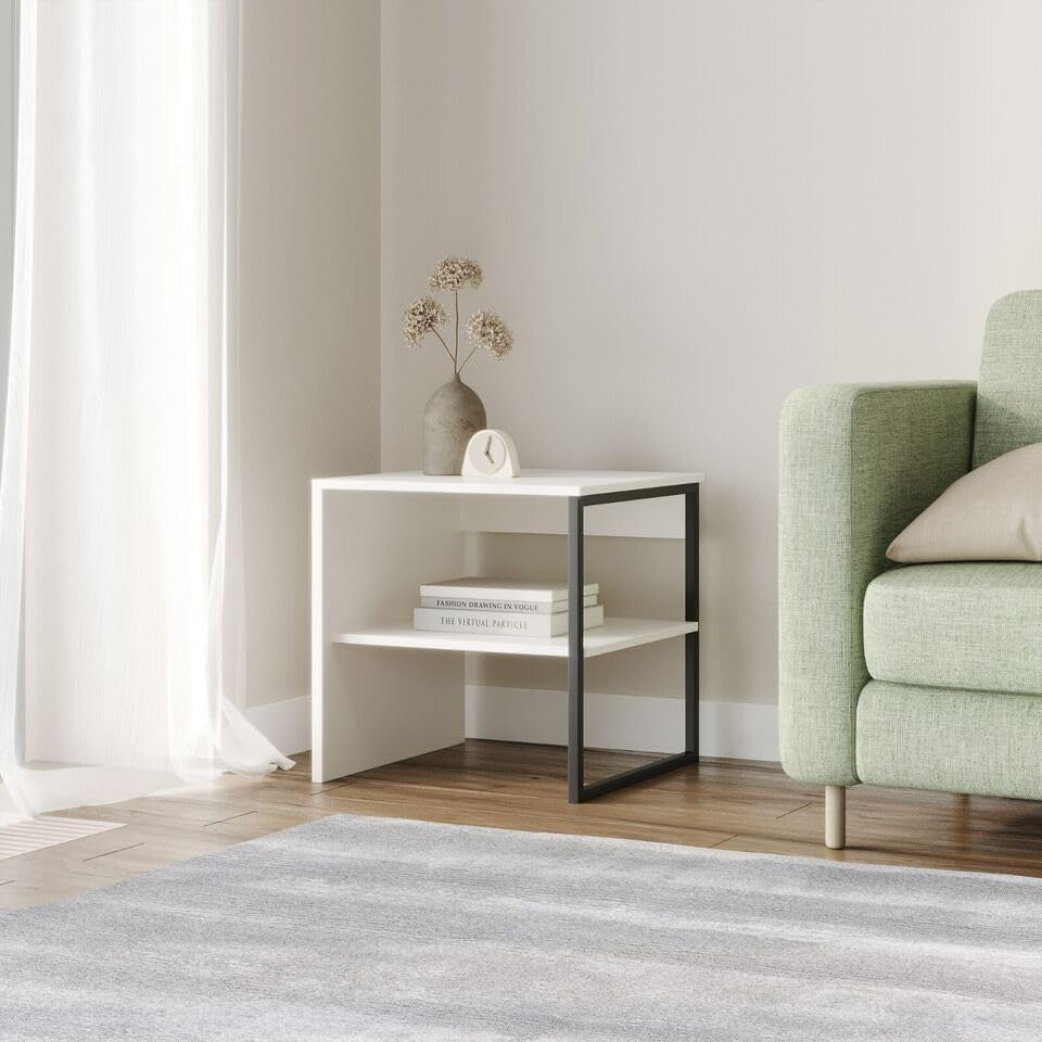 White 40cm Side Table with Open Shelf – Steel Frame, Sofa or Bedside Use
