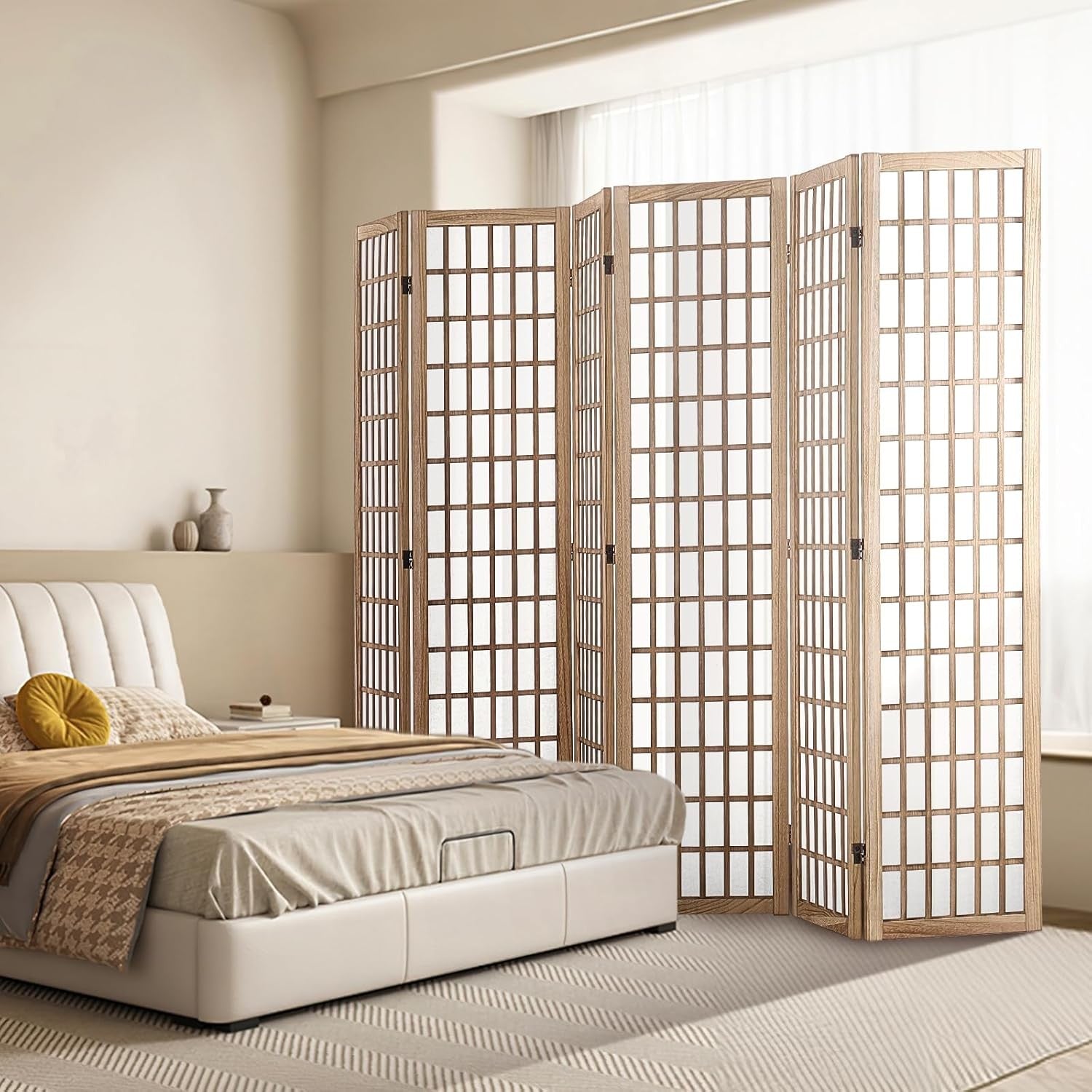 6 Panel Japanese Folding Room Divider Wood Privacy Screen 240x170cm Natural