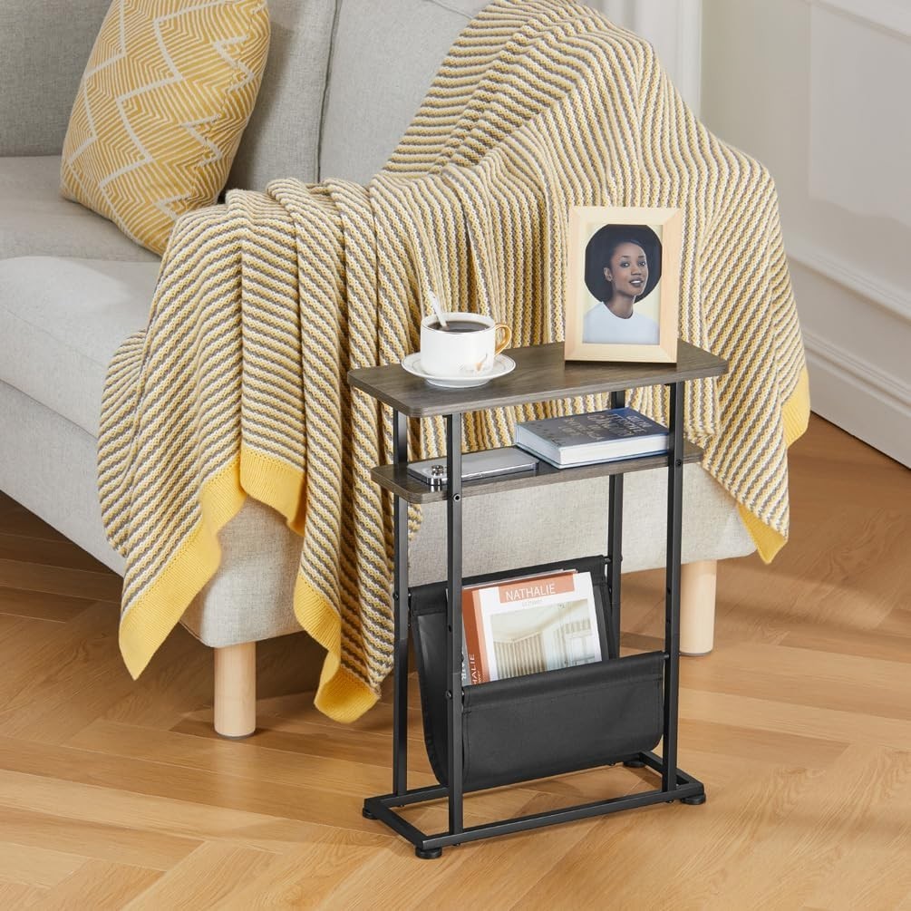 Slim Industrial Side Table with Magazine Holder & Adjustable Feet 18x42x55cm