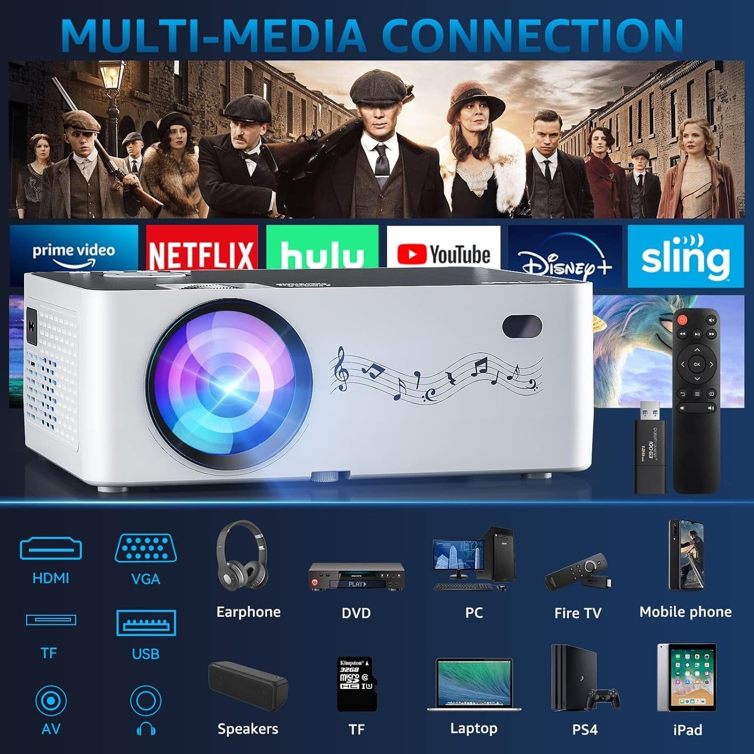 1080P Projector WiFi Bluetooth 4K Support 230 ANSI Outdoor Screen