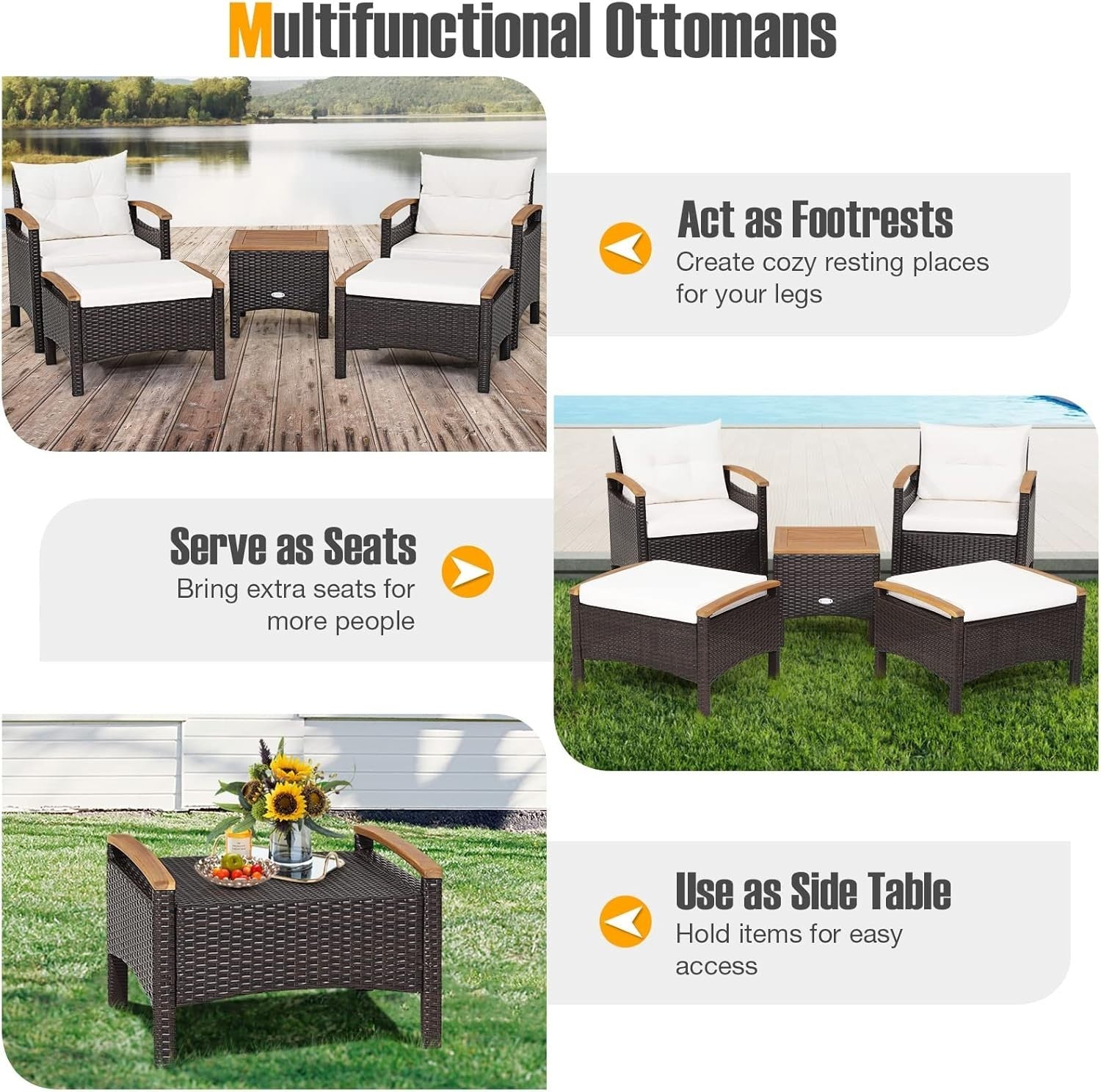 5-Piece Rattan Patio Lounge Set Reclining Chairs Ottomans Acacia Table