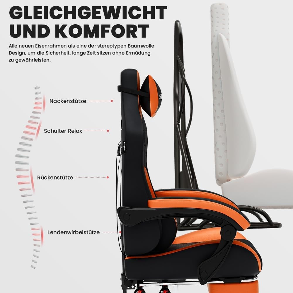 Ergonomic Gaming Chair with Footrest, Massage & Lumbar Support Blackorange