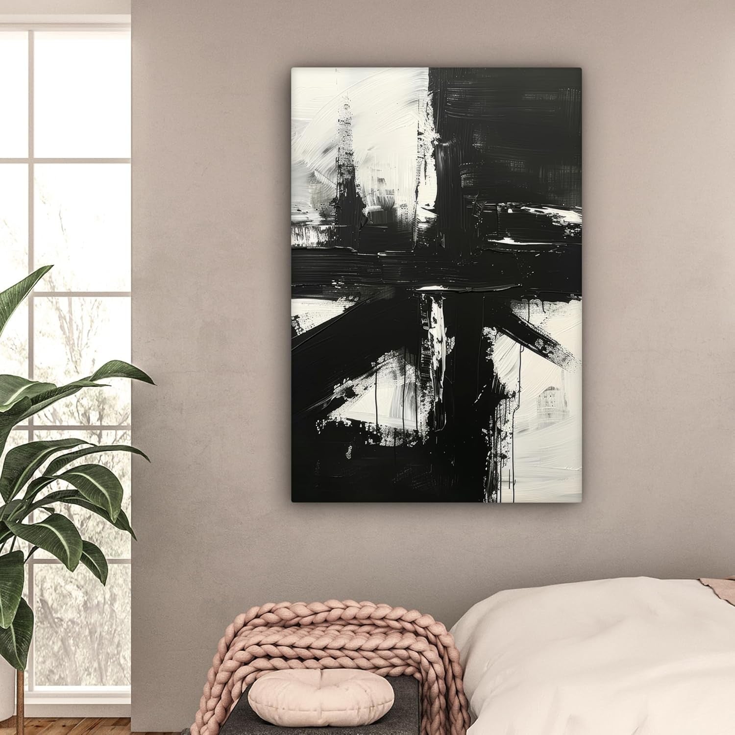 Large Black White Abstract Canvas Wall Art Modern Minimalist 31x47