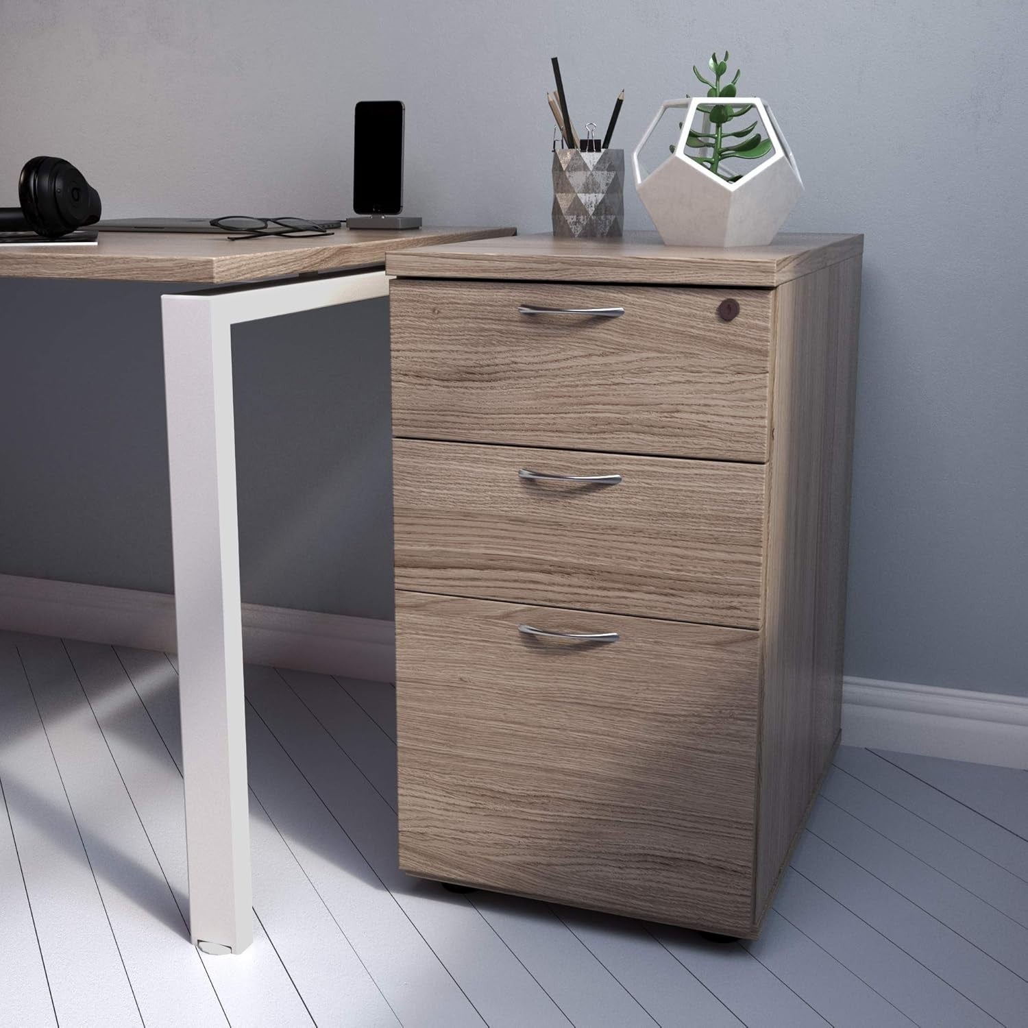 Grey Oak 3 Drawer Lockable Filing Cabinet 40.4x60x73cm