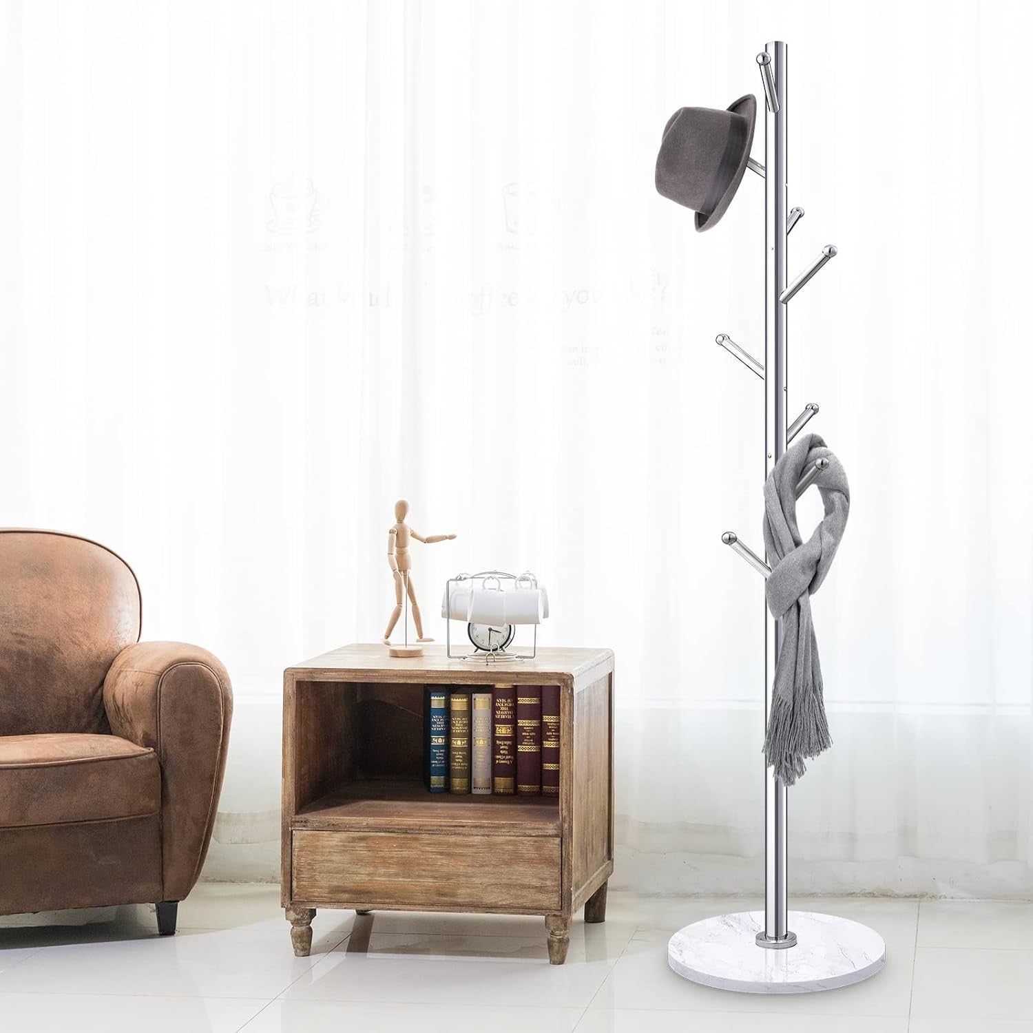 Luxury Marble Base Coat Rack Stand | 8 Hook Silver Metal Hall Tree