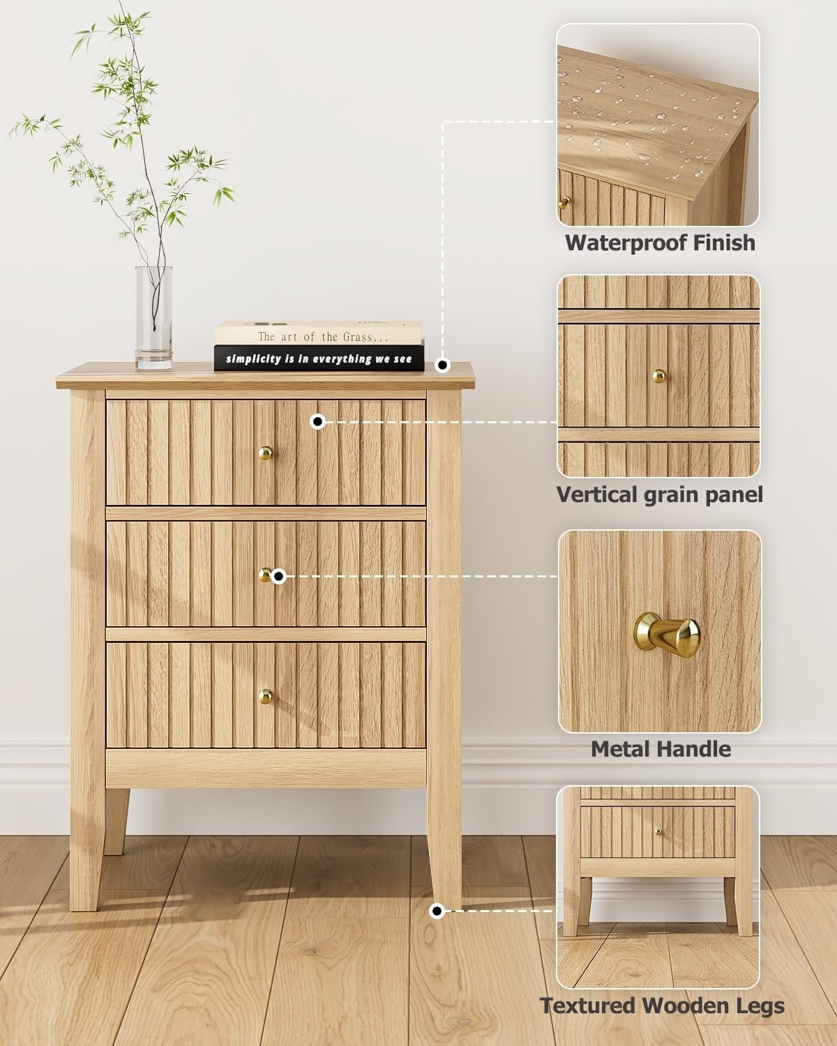 Modern Oak Bedside Table with 3 Drawers Wooden Nightstand Bedroom Storage