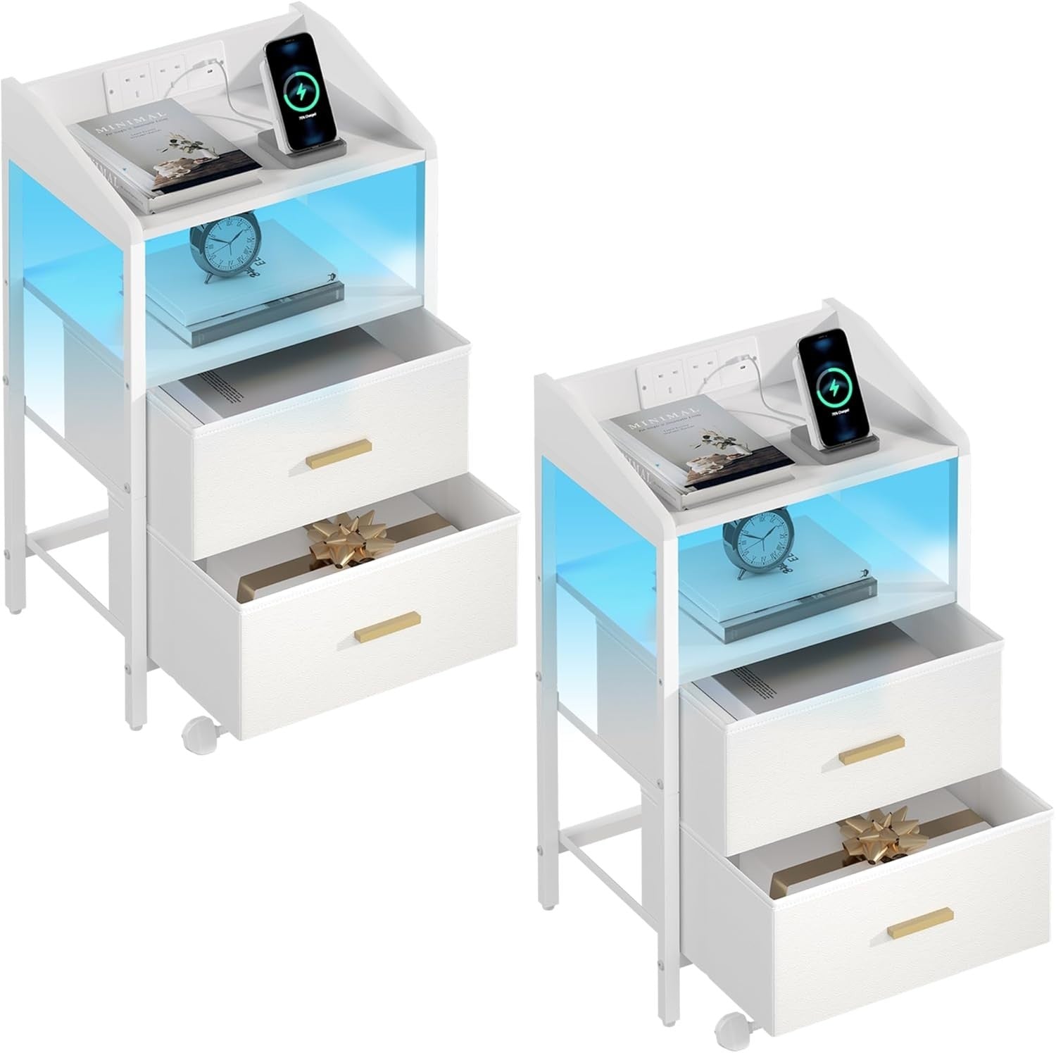White Bedside Table with USB Type-C Charging Ports & 2 Drawers