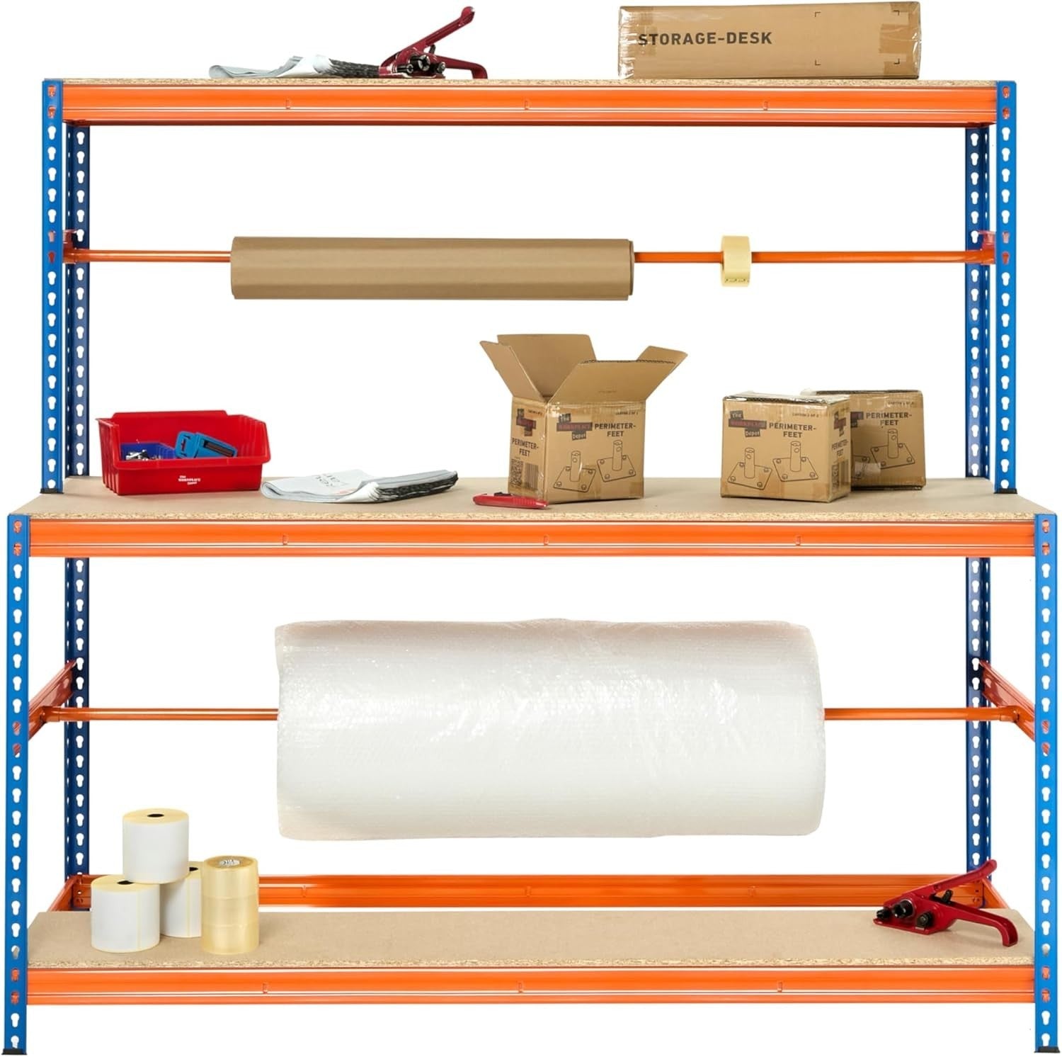 Heavy Duty Packing Workbench with Shelves Reel Bars Steel 1795mm Wide Station