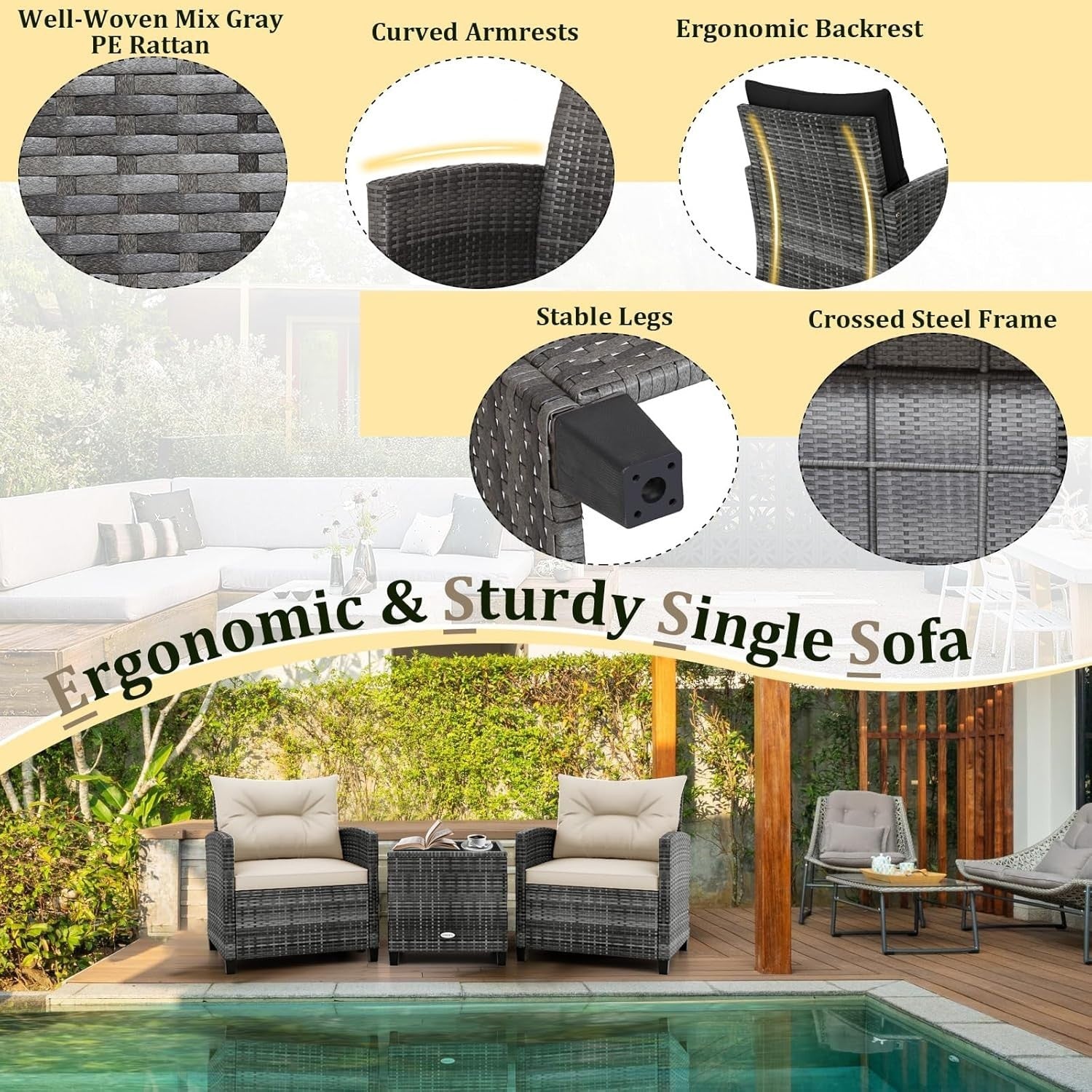 3PC Rattan Garden Bistro Set White Chairs Cushions Table Outdoor Furniture