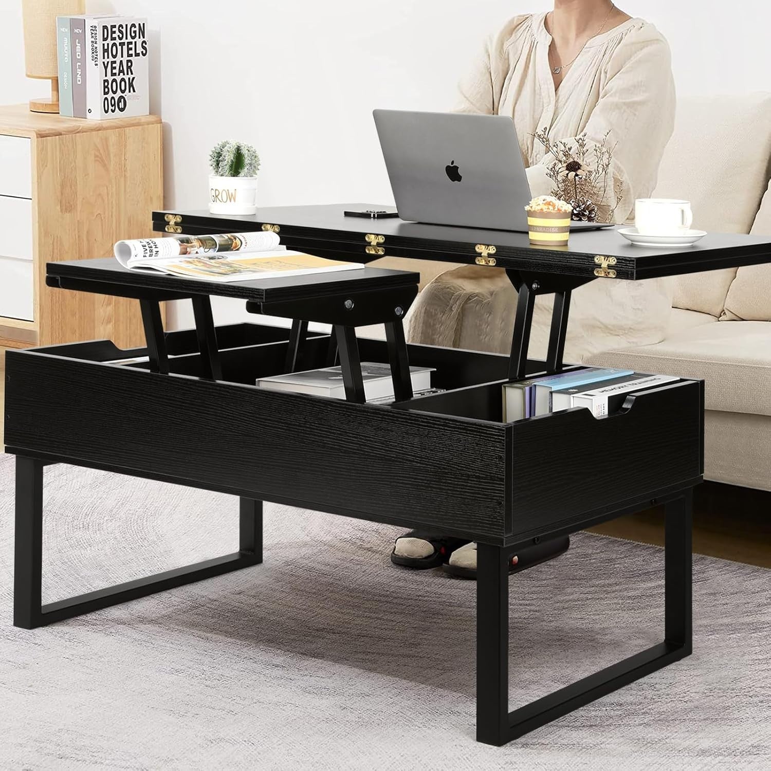 Lift Top Coffee Table with Hidden Storage 3-in-1 Convertible Black 100x50x50cm