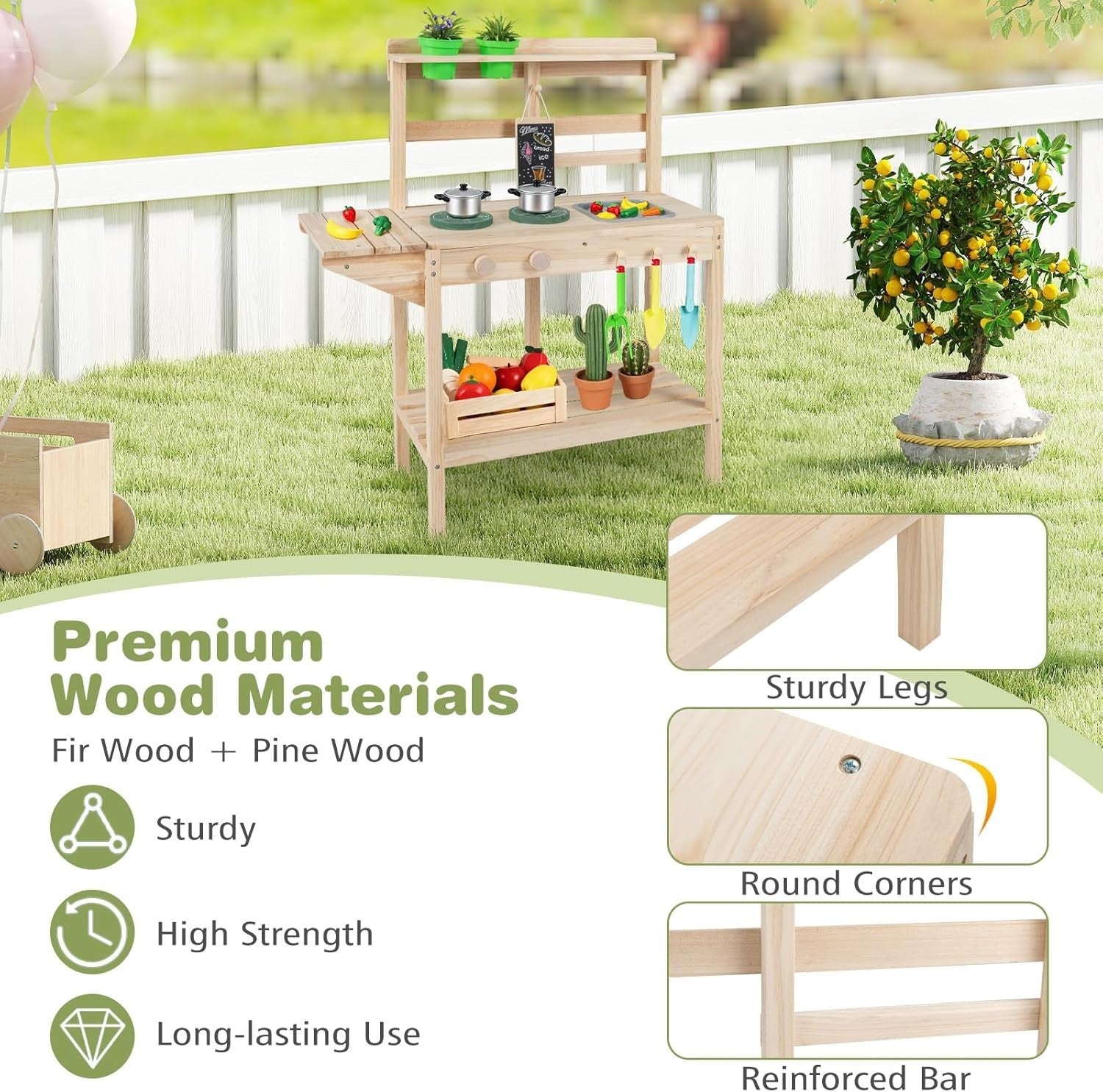 Outdoor Kids Mud Kitchen Wooden Playset Chalkboard Sink Toy