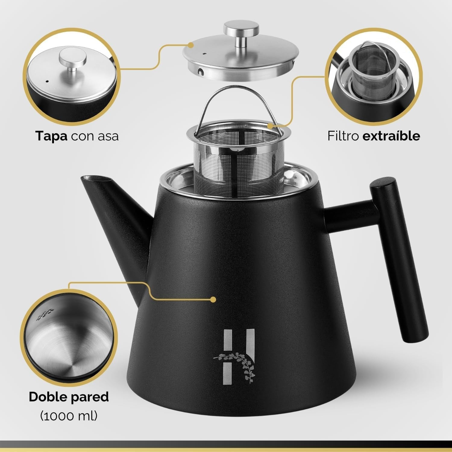 Double Walled Stainless Steel Teapot 1.2L Loose Leaf Tea Pot Black