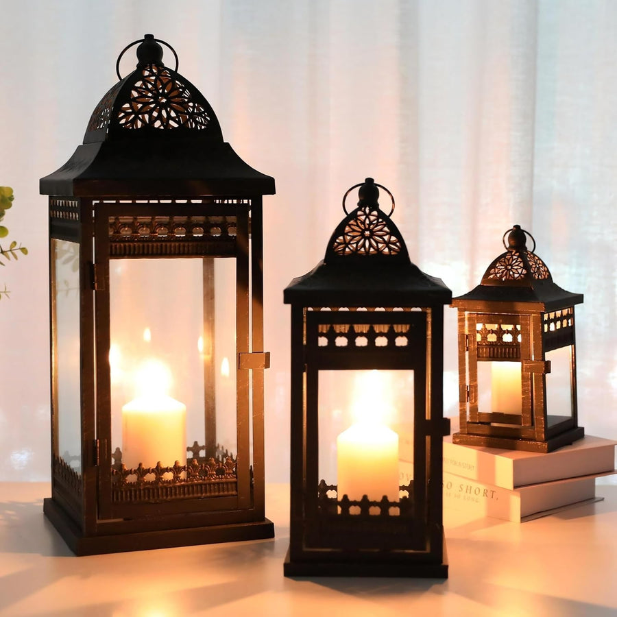 Vintage Hanging Candle Lanterns Set of 3 – Metal & Glass – Indoor Outdoor Decor
