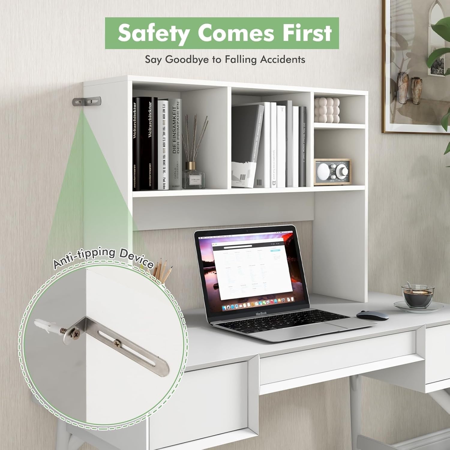 White Desktop Bookshelf Hutch 4-Shelf Countertop Storage Rack Monitor Organizer
