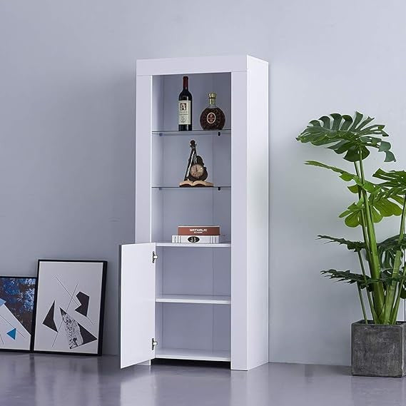 White LED Sideboard Cupboard Unit with Glass Shelves Modern Display Cabinet