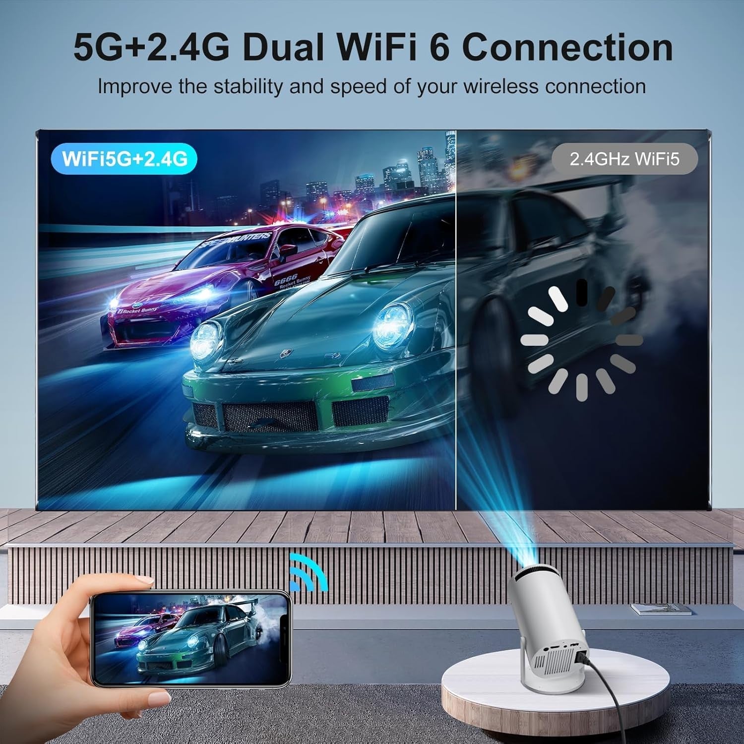 Smart Mini Projector WiFi 6 Bluetooth 4K Support Auto Keystone 300"